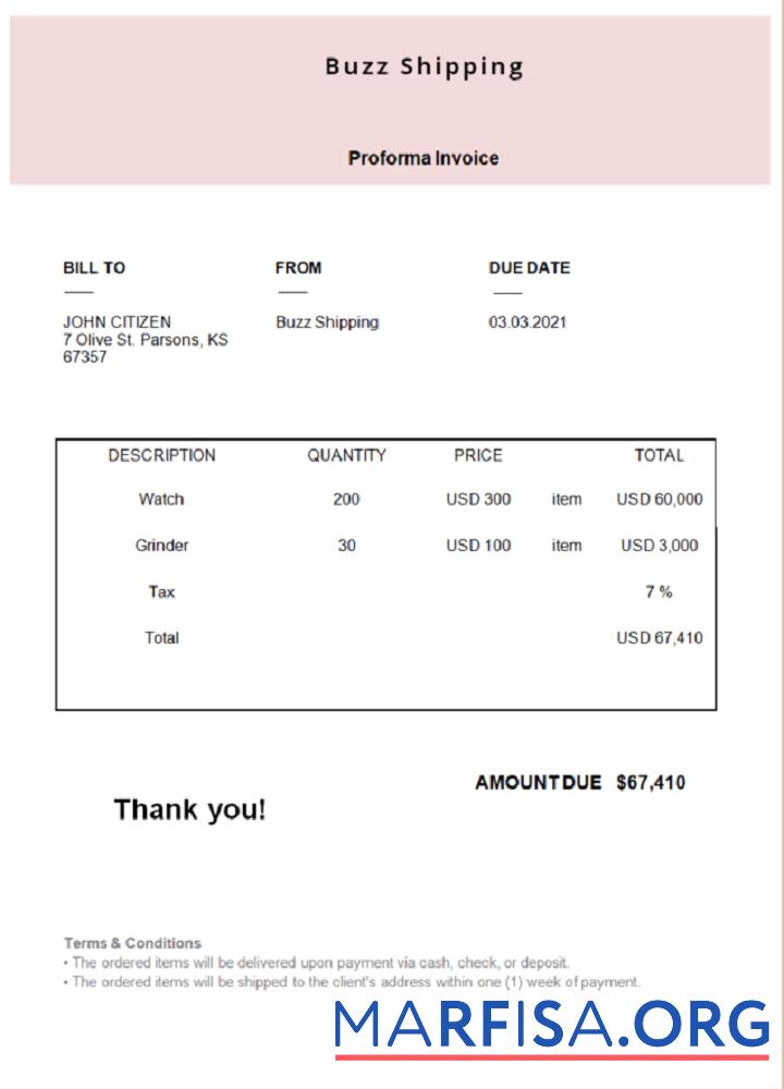 Printable USA Buzz Shipping invoice example